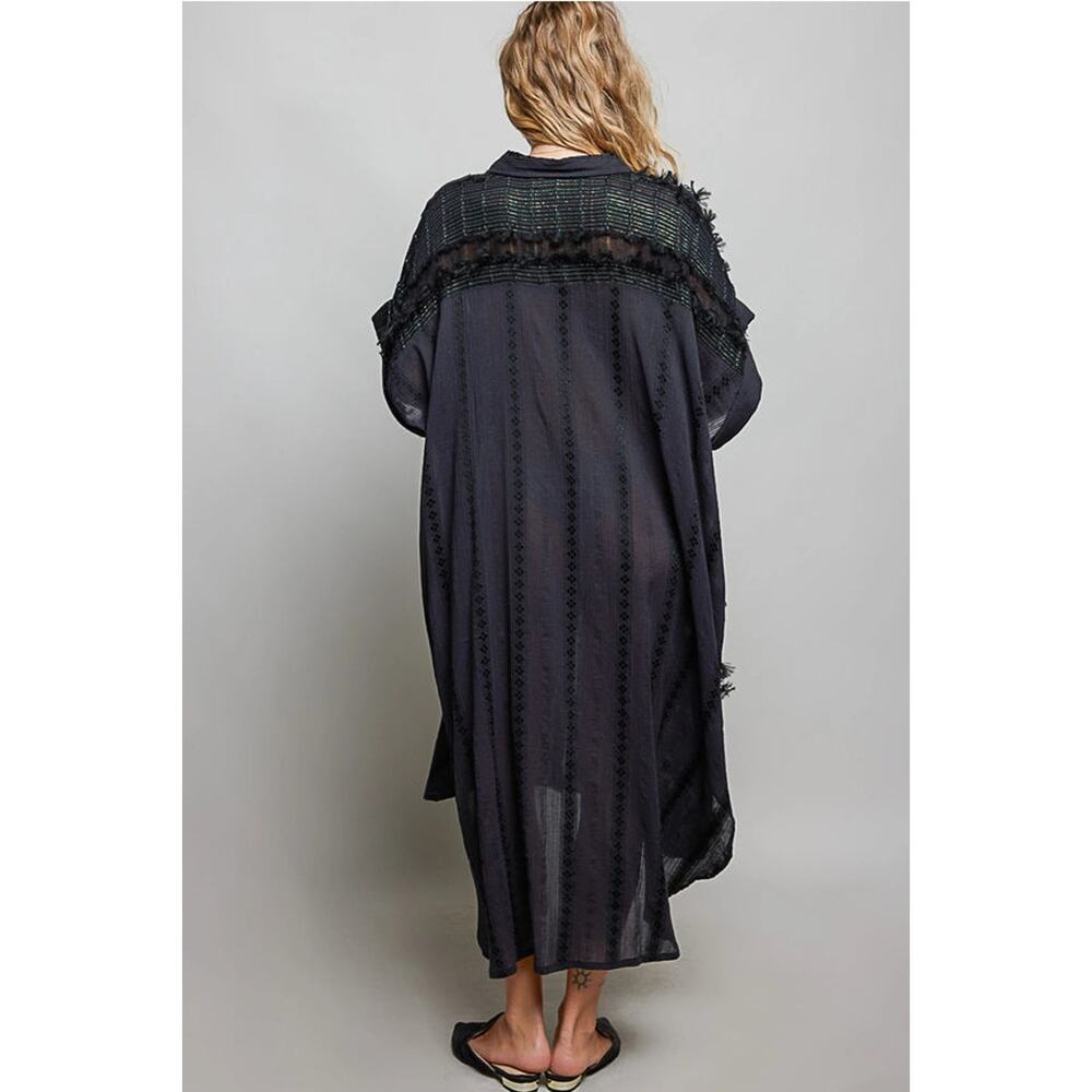 POL Dangle Trim Textured Cotton Oversized Long Shirt Dress - Black - Picture 5 of 6